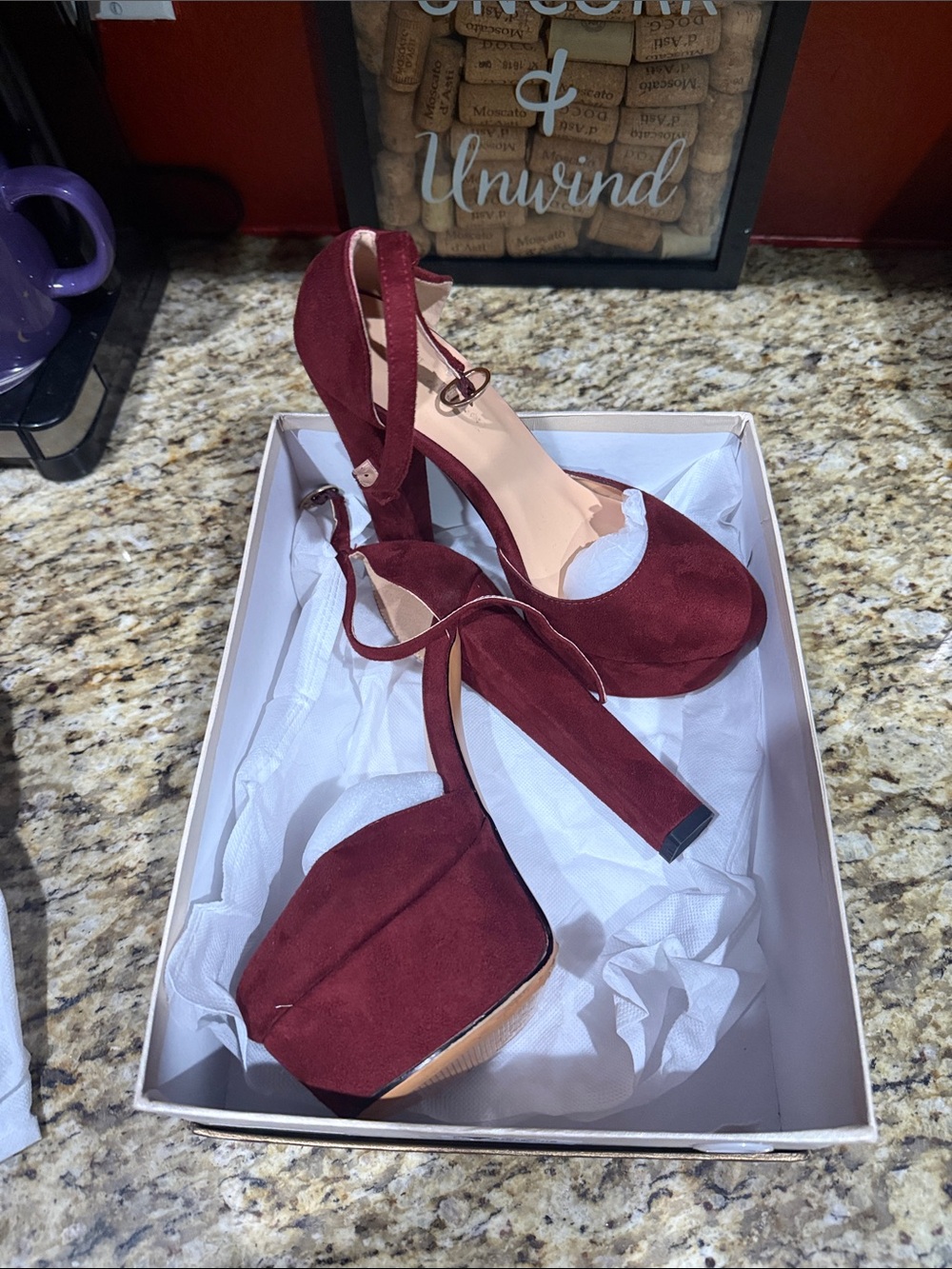 Women's Wine Suede Ankle-Strap Heels